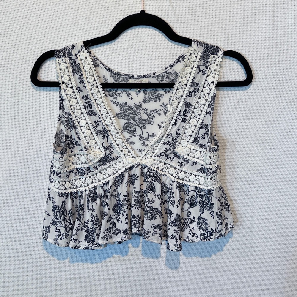 Womens Small‎ Floral Toile Boho Peplum Crop Top Cottagecore Crochet Lace Trim
